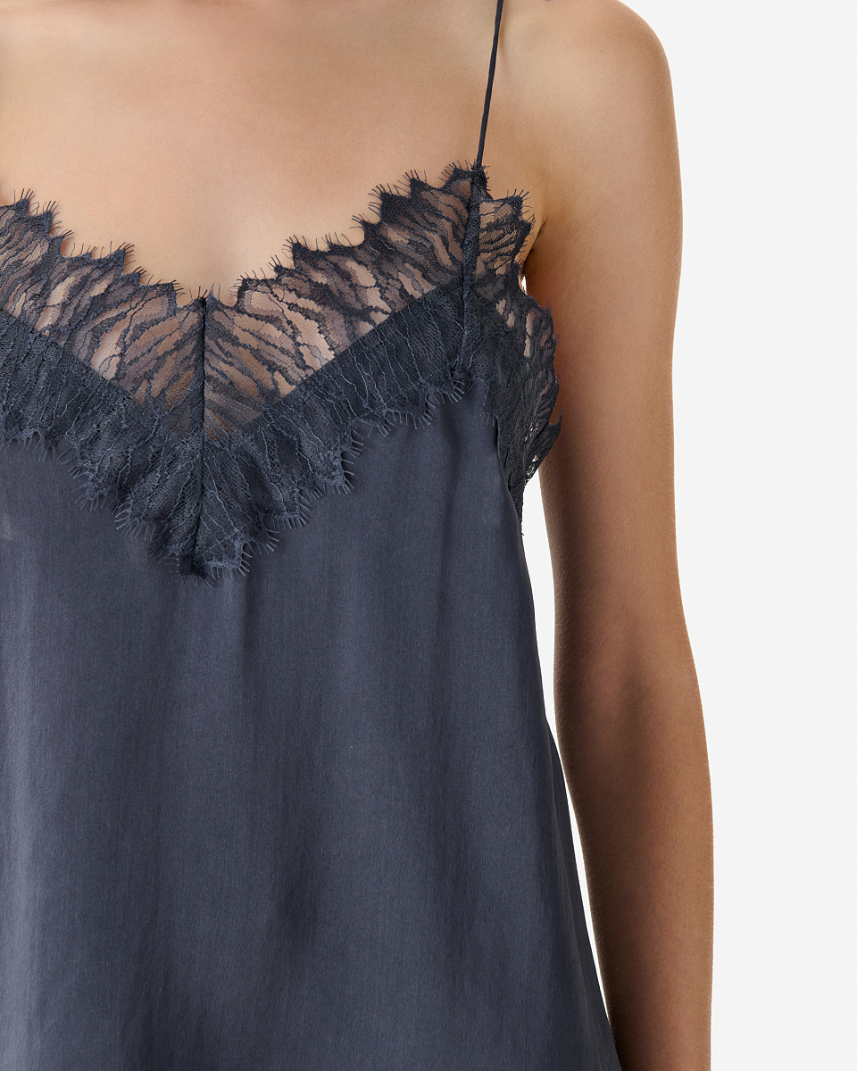 ШЕЛКОВЫЙ ТОП С КРУЖЕВОМ NEWIN В СИНЕМ ЦВЕТЕ